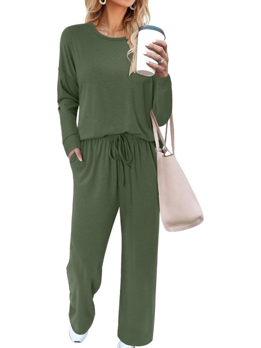 Women's Green Two Piece Sets Casual Travel Vacation Sweatsuits Wide Leg Pants